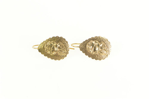 14K High Relief Scalloped Design Rose Dangle Earrings Yellow Gold
