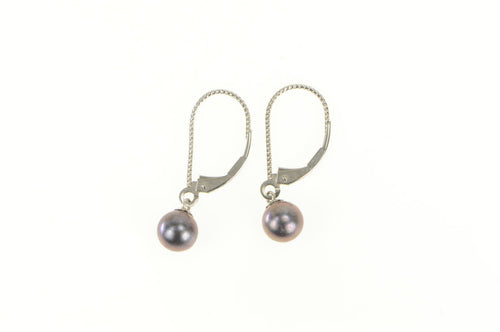 14K 6.3mm Dark Grey Pearl Lever Back Dangle Earrings White Gold