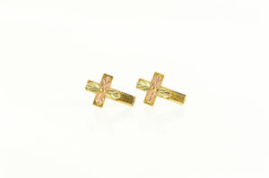 10K Black Hills Leaf Accent Cross Christian Stud Earrings Yellow Gold