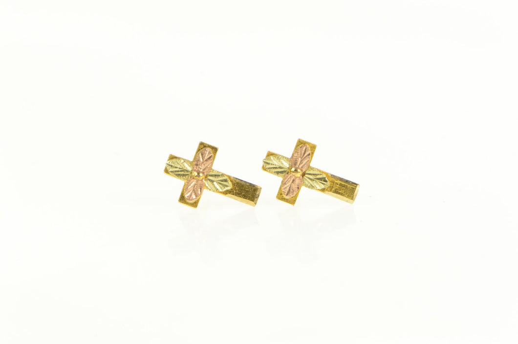 10K Black Hills Leaf Accent Cross Christian Stud Earrings Yellow Gold