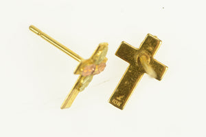 10K Black Hills Leaf Accent Cross Christian Stud Earrings Yellow Gold