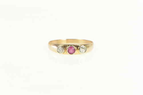 14K 1930's Three Stone Natural Ruby Diamond Ring Yellow Gold
