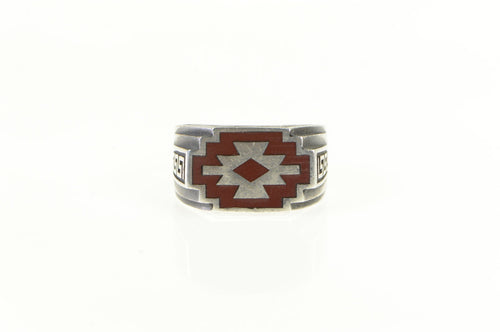 Sterling Silver Enamel Southwestern Geometric Men's Ring