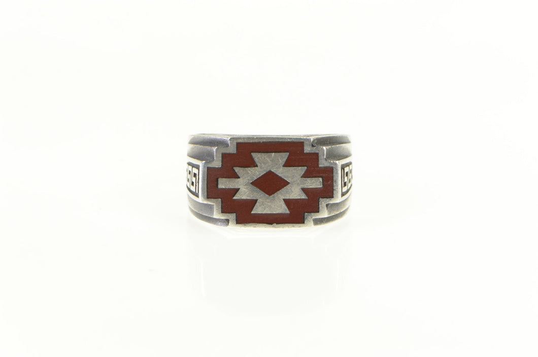 Sterling Silver Enamel Southwestern Geometric Men's Ring