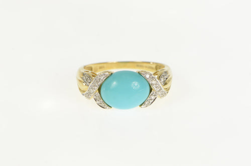 14K Oval Turquoise Cabochon Diamond X Criss Cross Ring Yellow Gold