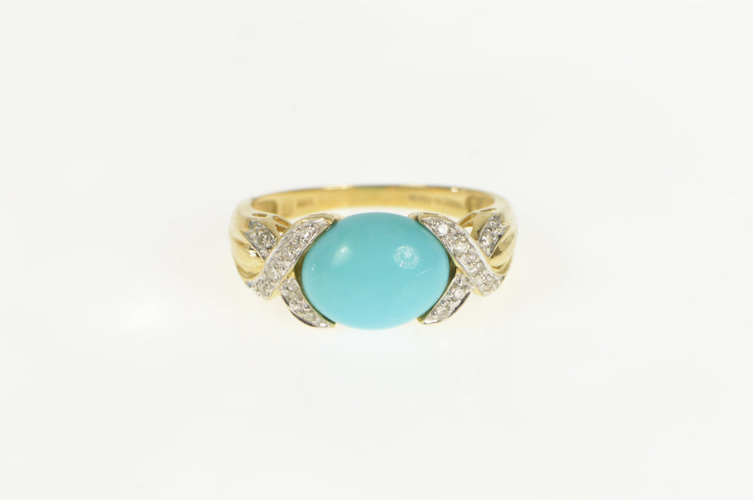 14K Oval Turquoise Cabochon Diamond X Criss Cross Ring Yellow Gold