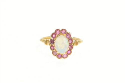 14K 1.35 Ctw Victorian Natural Opal Ruby Halo Ring Yellow Gold