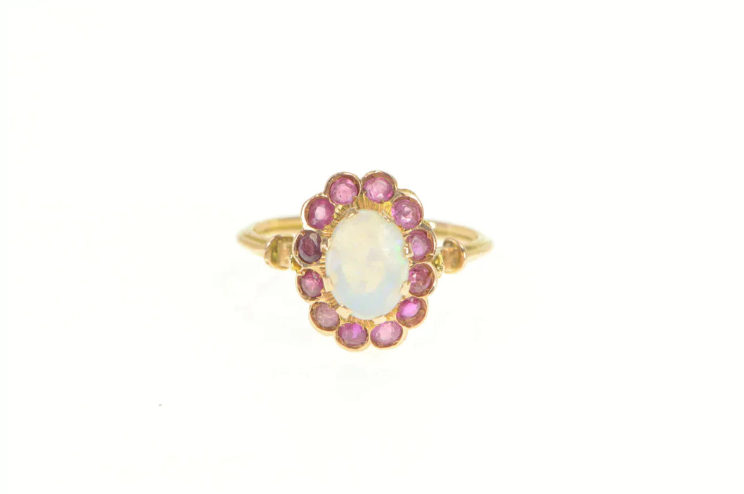 14K 1.35 Ctw Victorian Natural Opal Ruby Halo Ring Yellow Gold