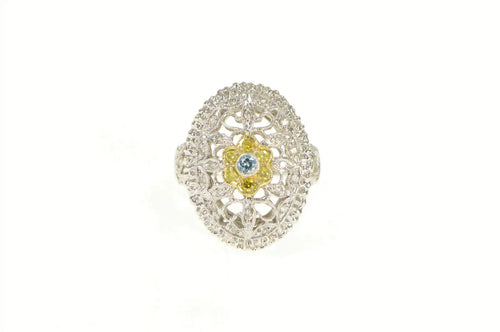 14K White Yellow & Blue Diamond Flower Filigree Ring White Gold