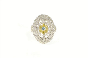 14K White Yellow & Blue Diamond Flower Filigree Ring White Gold
