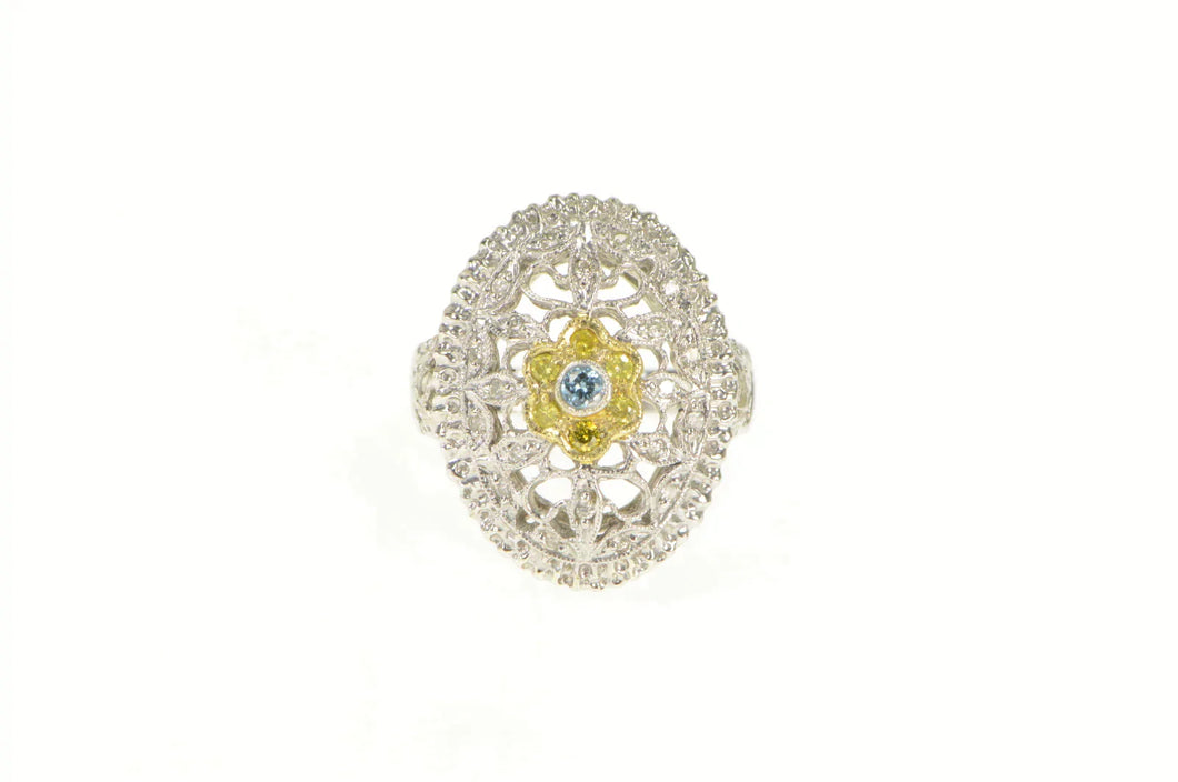 14K White Yellow & Blue Diamond Flower Filigree Ring White Gold