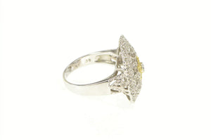 14K White Yellow & Blue Diamond Flower Filigree Ring White Gold