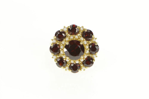 14K 5.50 Ctw Garnet Seed Pearl Round Cocktail Ring Yellow Gold