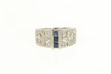 Load image into Gallery viewer, 14K Princess Sapphire Diamond Pave Ornate Band Ring White Gold