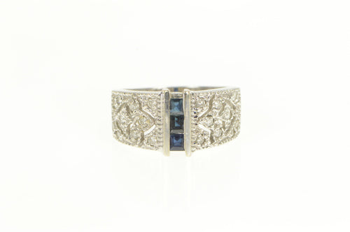 14K Princess Sapphire Diamond Pave Ornate Band Ring White Gold