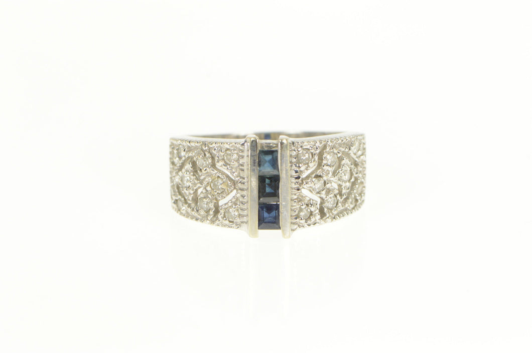 14K Princess Sapphire Diamond Pave Ornate Band Ring White Gold