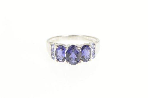 10K Oval Amethyst Tanzanite Three Stone Vintage Ring White Gold