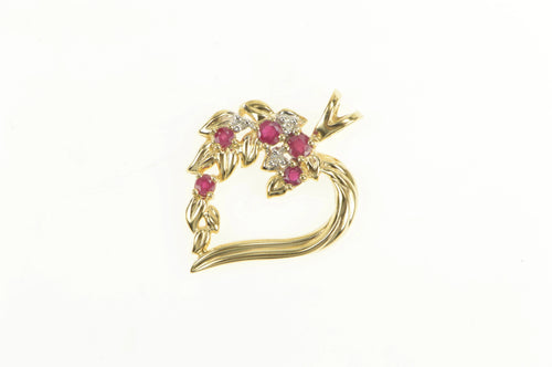 14K Ruby Diamond Cluster Heart Love Symbol Pendant Yellow Gold