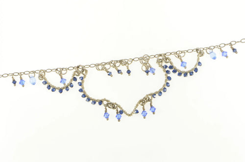 Sterling Silver Blue Beaded Fringe Scalloped Statement Necklace 16.25