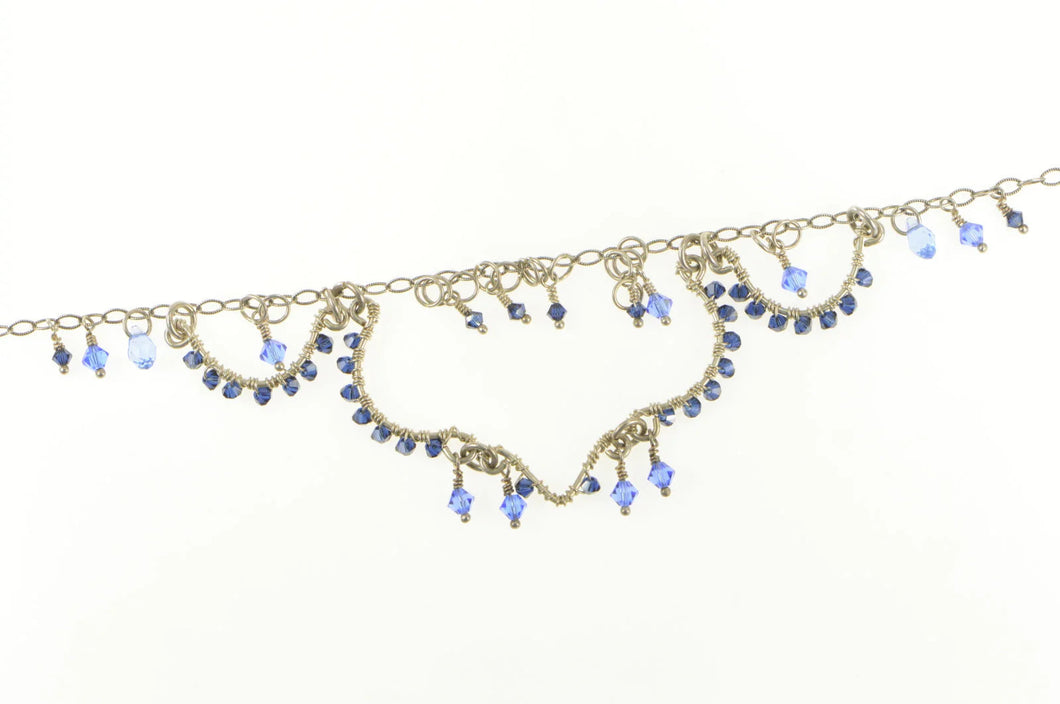 Sterling Silver Blue Beaded Fringe Scalloped Statement Necklace 16.25