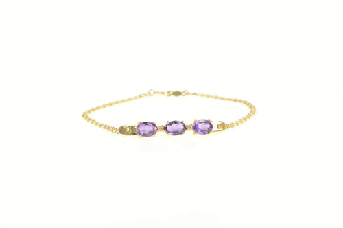 14K Oval Amethyst Diamond Accent Vintage Chain Bracelet 6.75