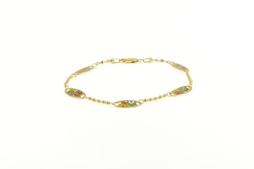 14K 1960's Oval Enamel Geometric Circle Chain Bracelet 7.5