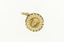 Load image into Gallery viewer, 14K Parthenon Owl Greek Wave Pattern Round Charm/Pendant Yellow Gold