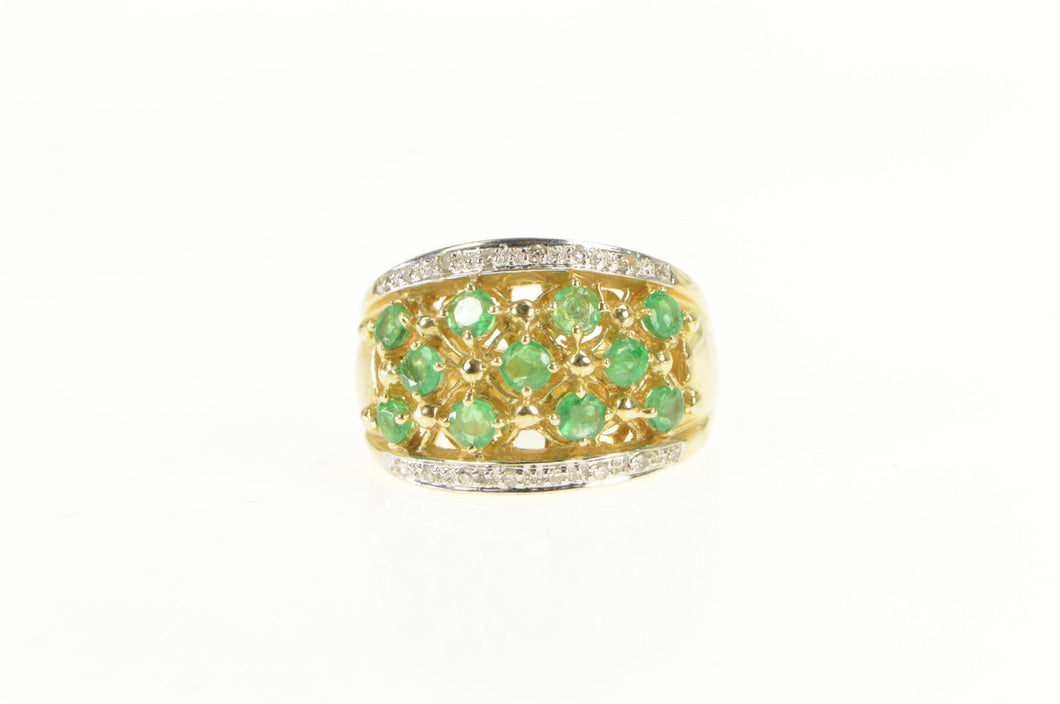 14K Natural Emerald Diamond Lattice Domed Band Ring Yellow Gold