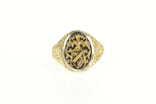 18K Elaborate Scrollwork Family Crest Emblem Ring Yellow Gold