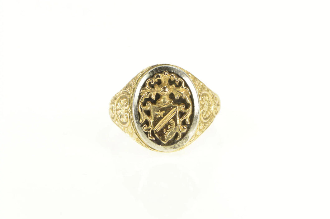 18K Elaborate Scrollwork Family Crest Emblem Ring Yellow Gold