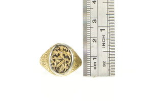 18K Elaborate Scrollwork Family Crest Emblem Ring Yellow Gold