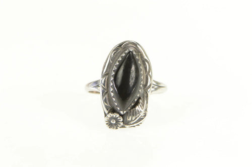 Sterling Silver Black Onyx Southwestern Artisan Leaf Feather Ring