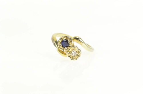 14K Diamond Sapphire 1950's Two Stone Bypass Ring Yellow Gold