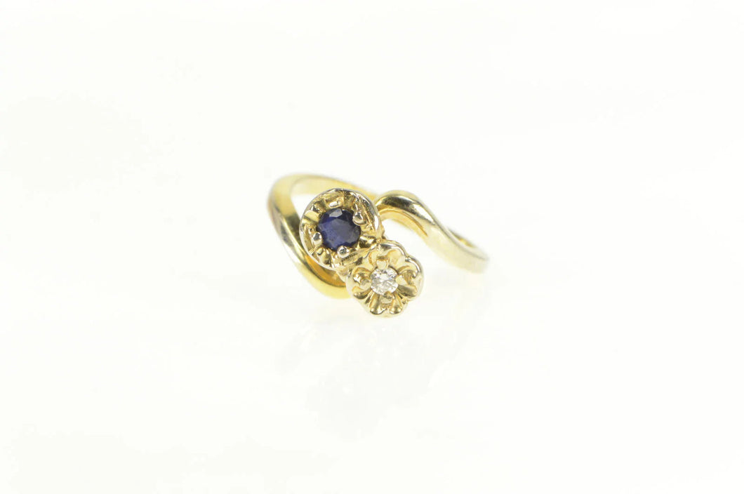 14K Diamond Sapphire 1950's Two Stone Bypass Ring Yellow Gold