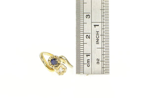 14K Diamond Sapphire 1950's Two Stone Bypass Ring Yellow Gold