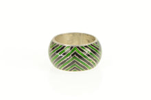 Load image into Gallery viewer, Sterling Silver Retro Green Blue Enamel Zig Zag Domed Ring