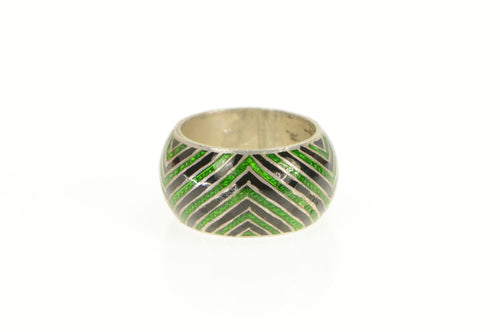 Sterling Silver Retro Green Blue Enamel Zig Zag Domed Ring
