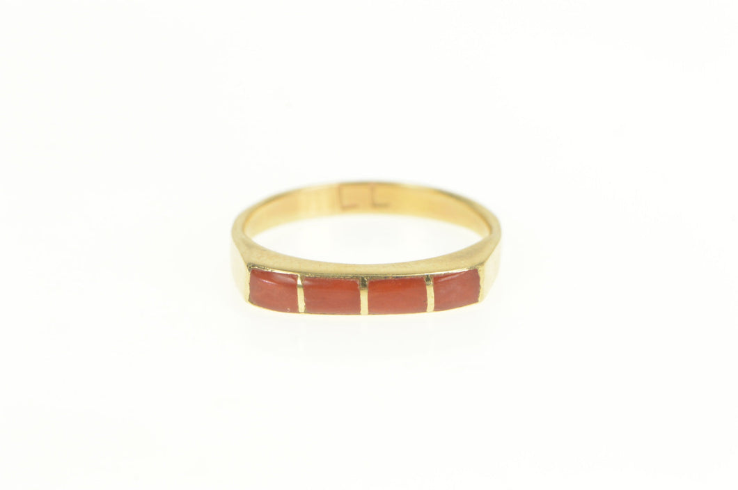 14K Squared Coral Inlay Ornate LL Native American Ring Yellow Gold