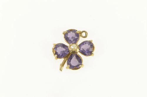 14K Pear Amethyst Seed Pearl Clover Shamrock Charm/Pendant Yellow Gold