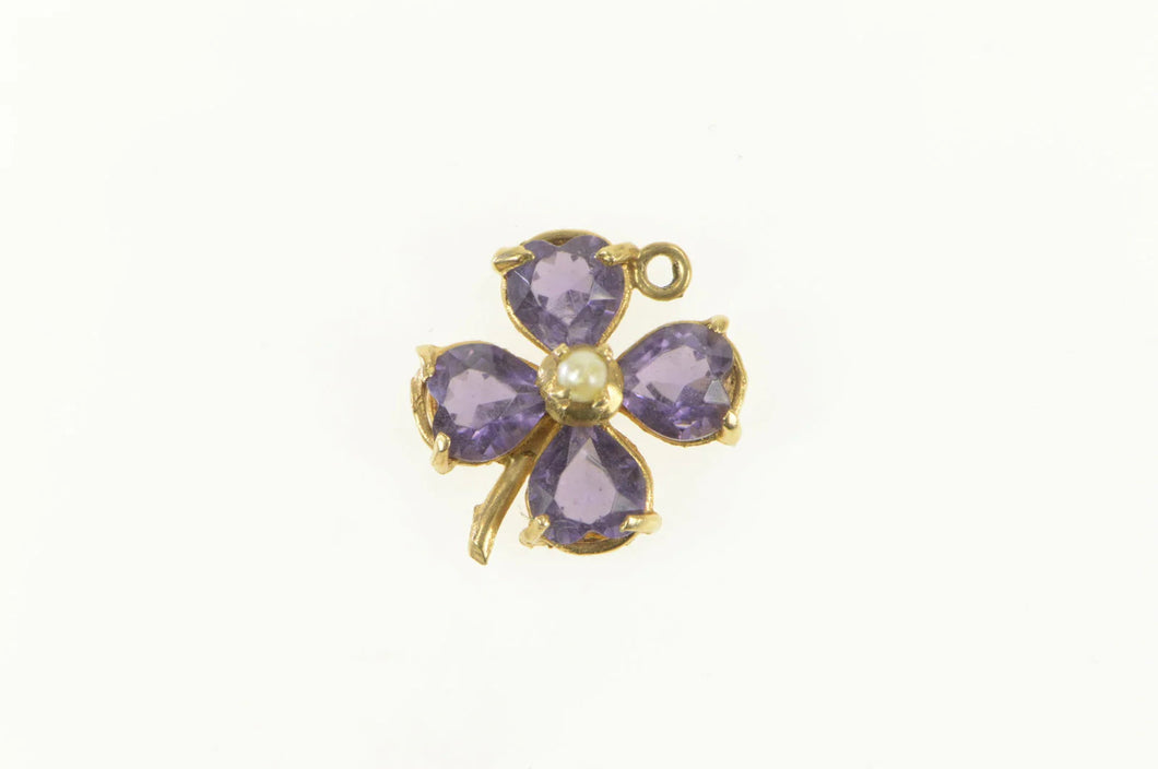 14K Pear Amethyst Seed Pearl Clover Shamrock Charm/Pendant Yellow Gold