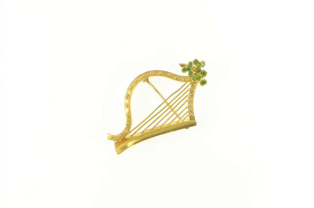 Gold Filled Green Enamel Floral Harp Musical Instrument Pin/Brooch