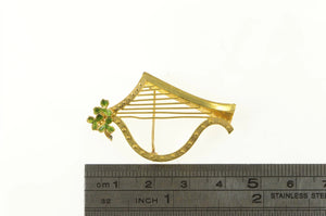 Gold Filled Green Enamel Floral Harp Musical Instrument Pin/Brooch