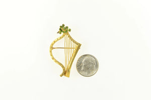 Gold Filled Green Enamel Floral Harp Musical Instrument Pin/Brooch