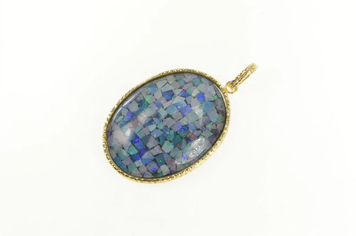 14K Mosaic Opal Triplet Oval Vintage Statement Pendant Yellow Gold