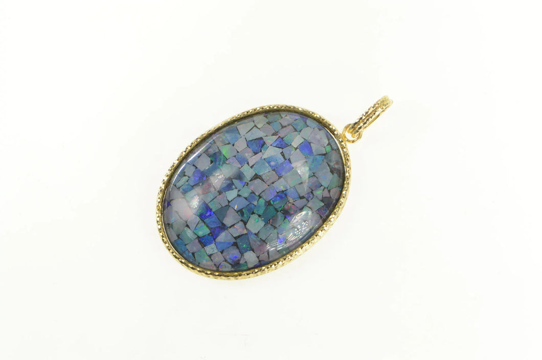 14K Mosaic Opal Triplet Oval Vintage Statement Pendant Yellow Gold