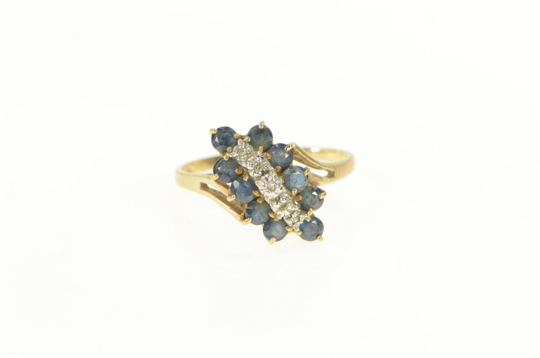 10K Diamond Sapphire Halo Wavy Curvy Bypass Ring Yellow Gold