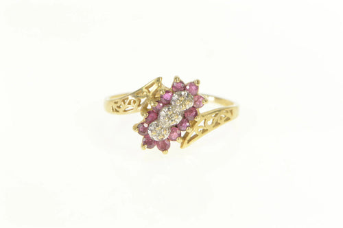 10K Diamond Ruby Halo Cluster Bypass Ring Yellow Gold