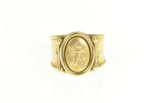 10K Oval Cherub Cameo Ornate Hammered Band Ring Yellow Gold