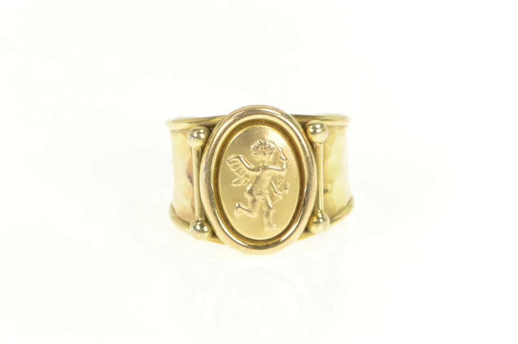 10K Oval Cherub Cameo Ornate Hammered Band Ring Yellow Gold