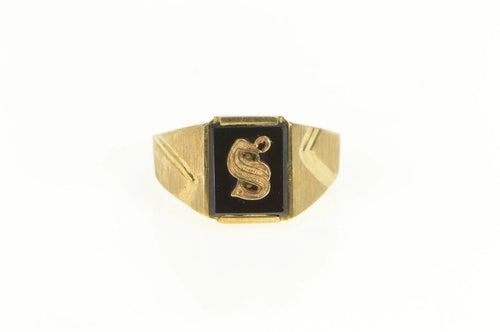 10K Black Onyx S Monogram Letter Name Initial Ring Yellow Gold